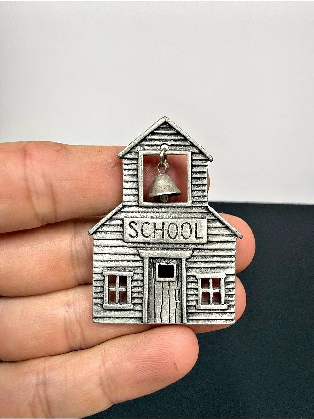 Vintage JJ Schoolhouse Brooch Moving Bell Silver Tone Teacher School Pin